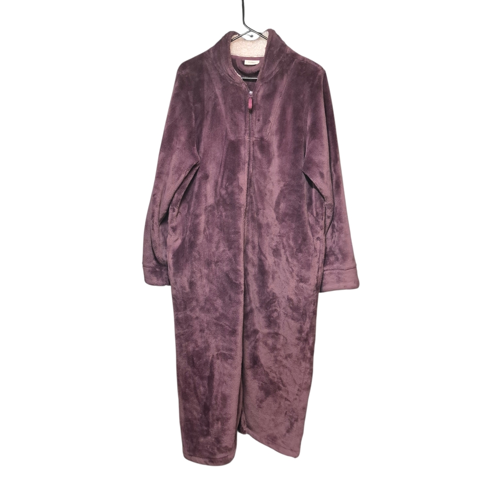 LL Bean Long Robe Women's Size Large Full Zip Plush Purple Burgundy